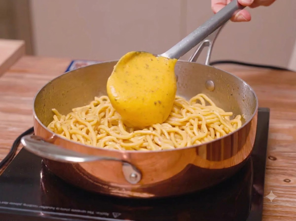 Ein Spatel gibt eine dicke gelbe Käse-Ei-Sauce auf eine Kupferpfanne mit Spaghetti.