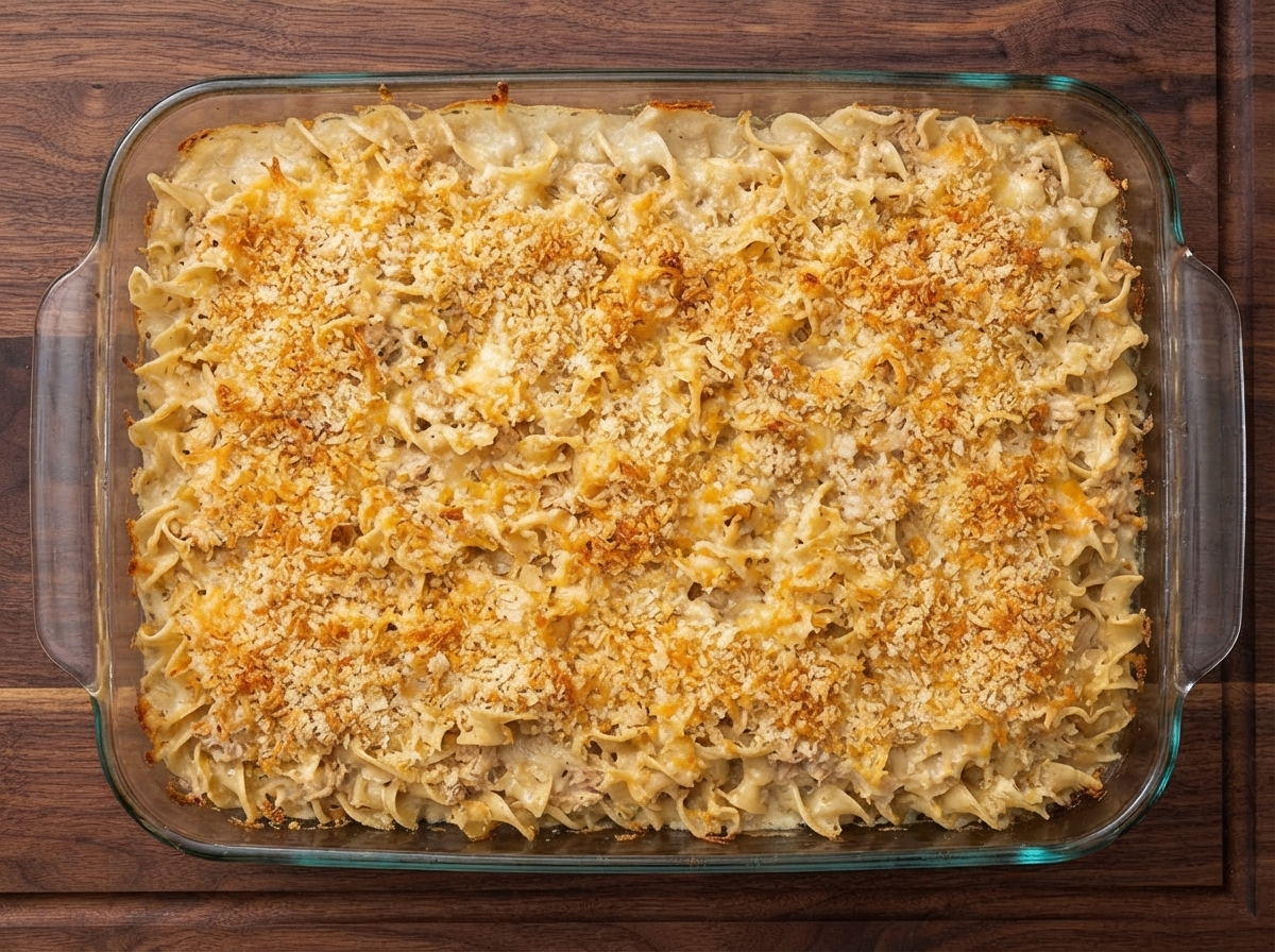 Eine Glasauflaufform gefüllt mit einer ungebackenen Kugel-Nudel-Mischung, bestreut mit Paniermehl.