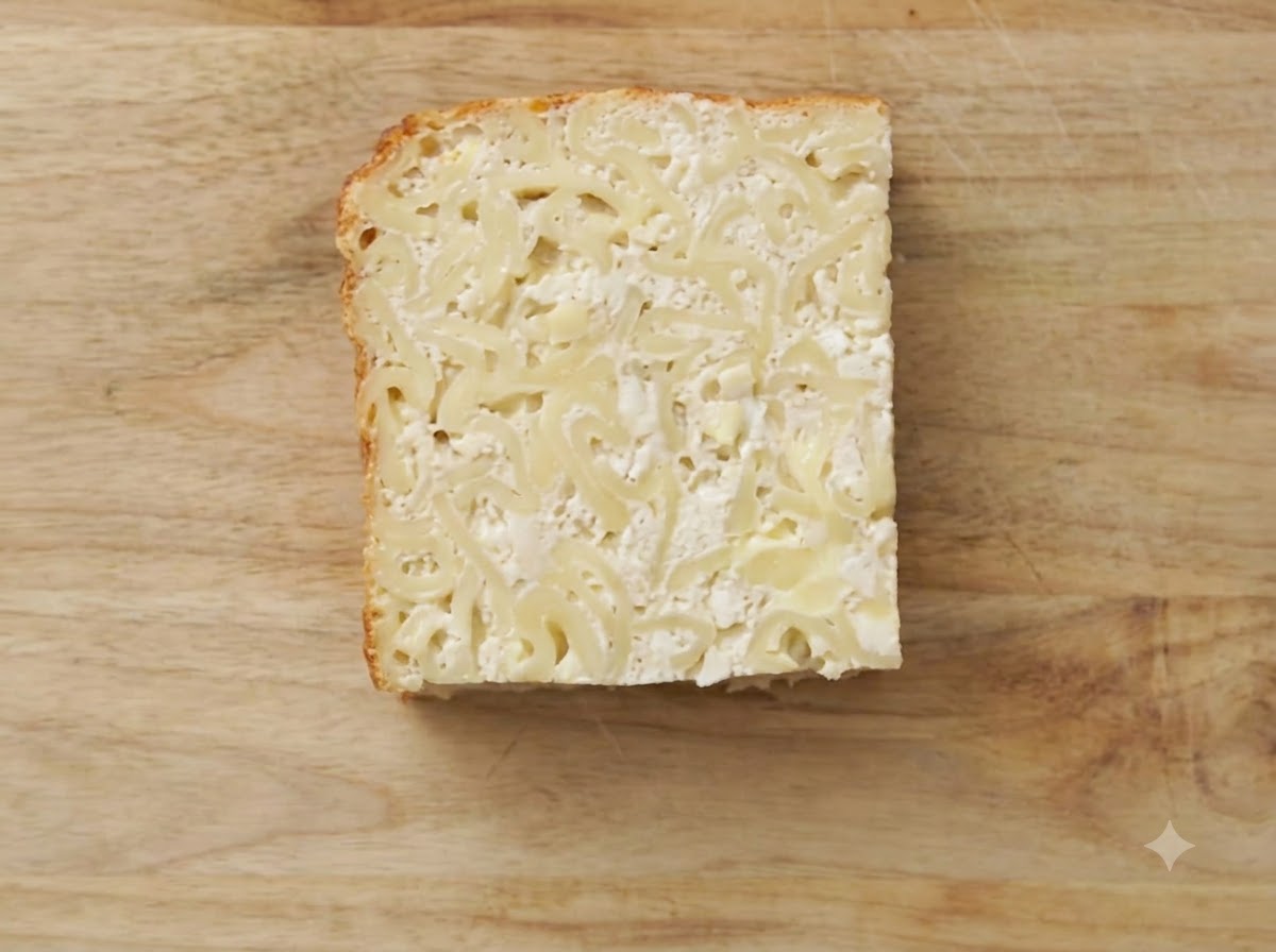 Eine quadratische Kugel-Scheibe brät in einer heißen Gusseisenpfanne.