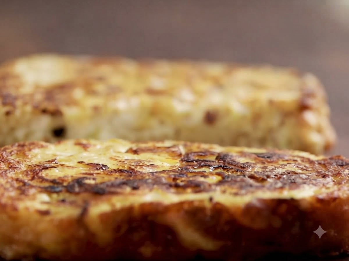 Mayonnaise wird gleichmäßig auf eine goldbraun gebratene Kugel-Scheibe gestrichen.