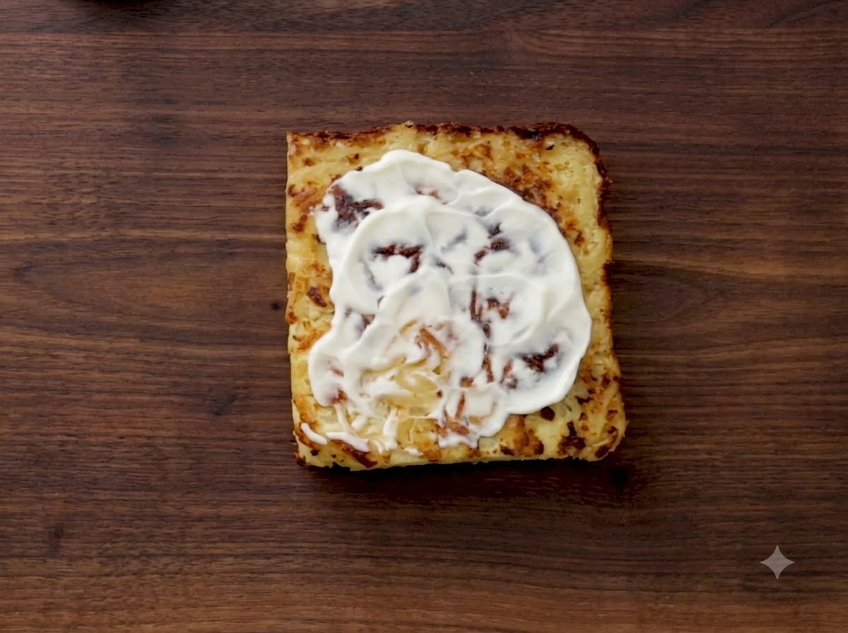 Eine Scheibe amerikanischer Käse liegt flach auf einer warmen Kugel-Scheibe.