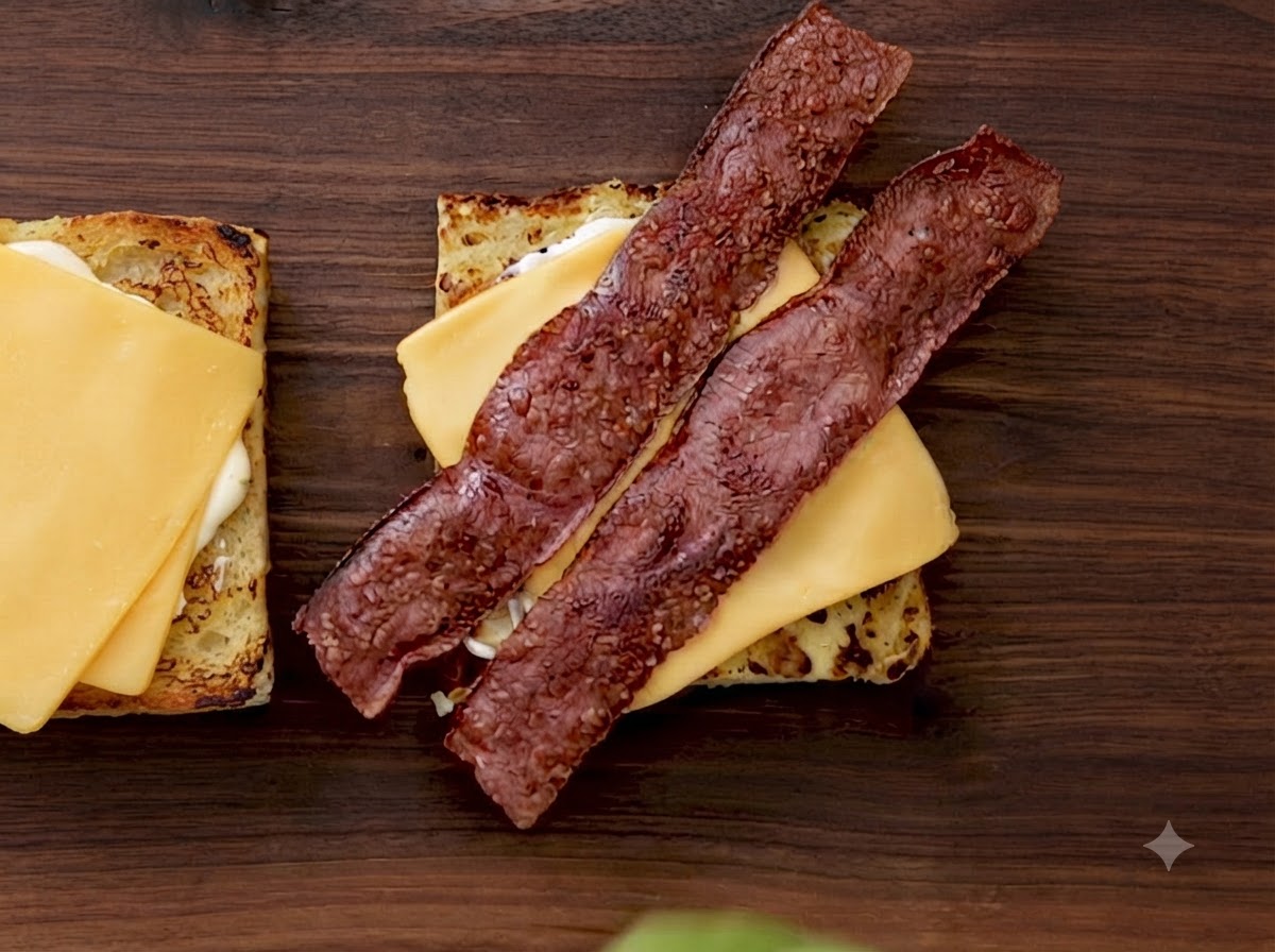 Frische grüne Butterkopfsalatblätter werden über die knusprigen Speckstreifen auf der Kugel-Sandwich-Basis gelegt.