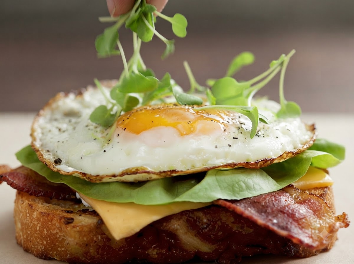 Frisches Mikrogemüse wird auf einem perfekt gebratenen Ei mit flüssigem Eigelb auf den Sandwich-Schichten verteilt.