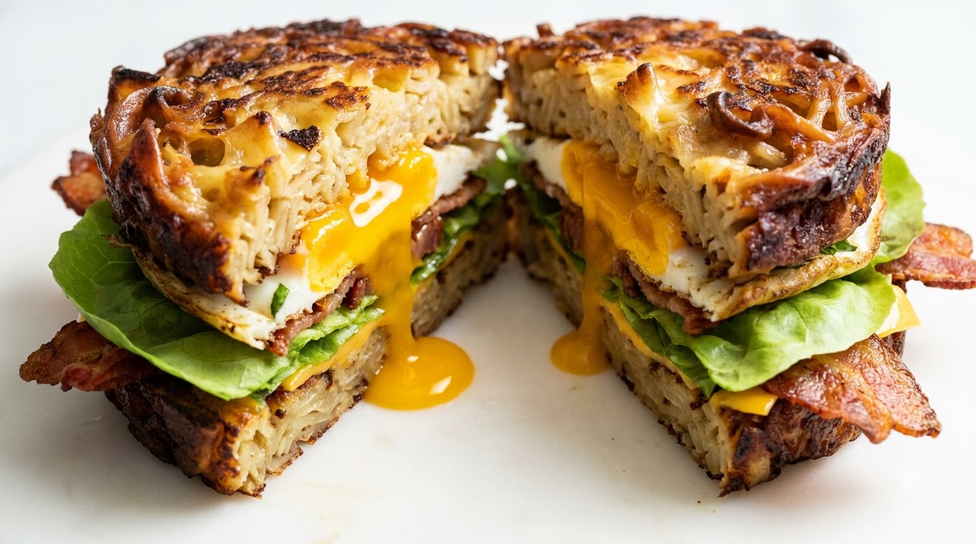 Knuspriges Kugel-Frühstückssandwich mit Spiegelei und Speck