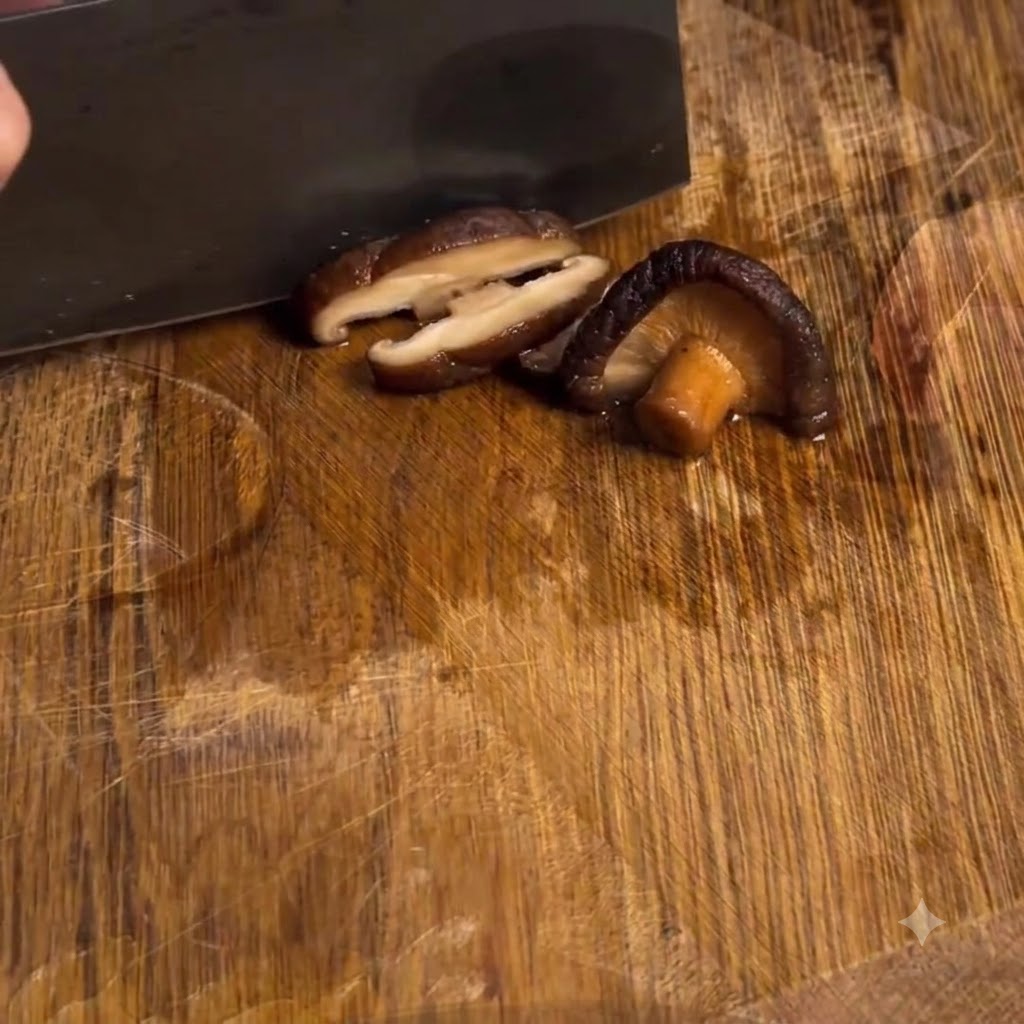 Shiitake-Pilze werden auf einem Holzschneidebrett in kleinere Stücke geschnitten.