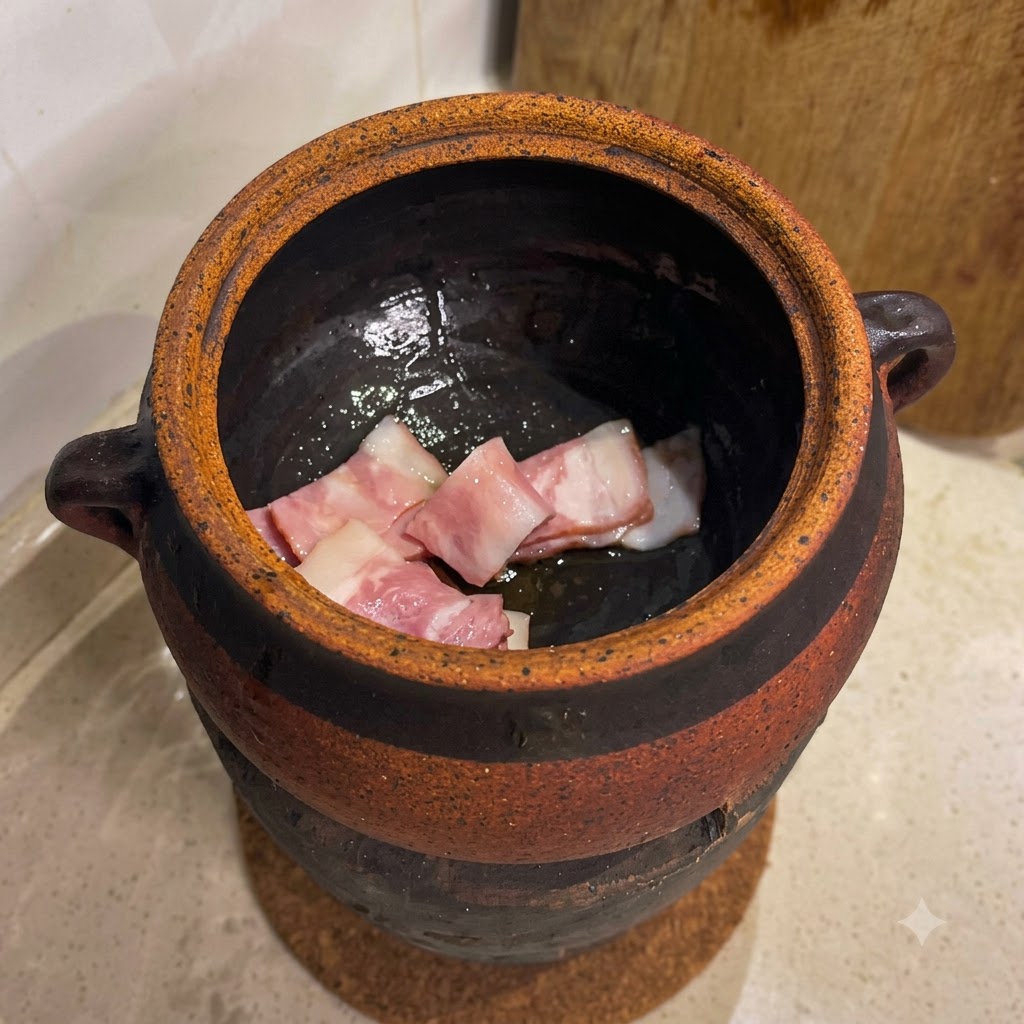Speckstücke braten in Öl in einem traditionellen Tonerdopf über Holzkohle.