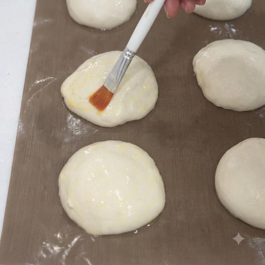Ein Pinsel verteilt Öl auf der Oberfläche roher Teigrohlinge auf einem Backblech.