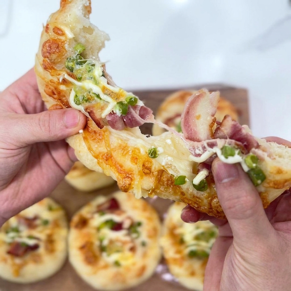 Mayonnaise wird in einem Zickzack-Muster über die Toppings gespritzt.