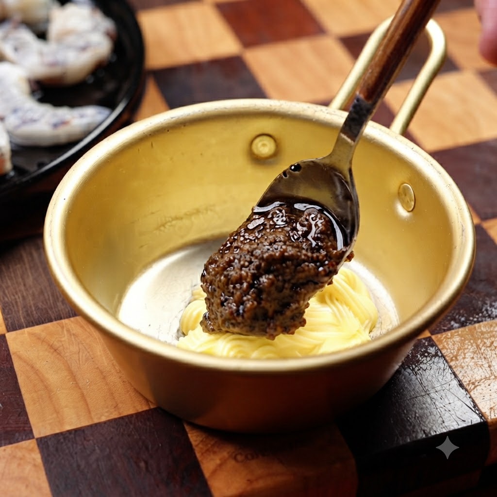 Mayonnaise in einer Metallschüssel wird mit einem Löffel Schwarzer Trüffelsauce vermischt.