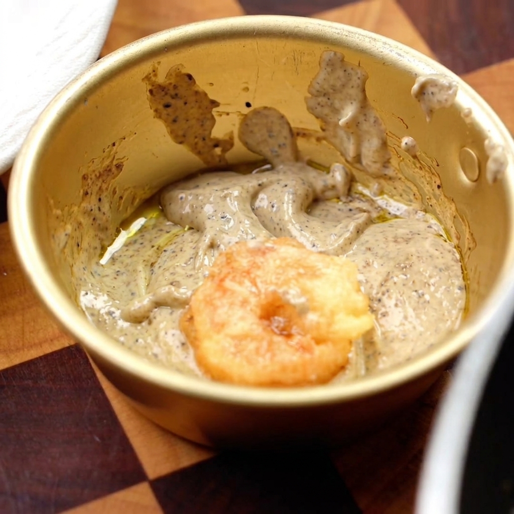 Frittierte Garnelen werden in die Schüssel mit der Schwarzen Trüffel-Mayonnaise-Sauce gegeben und gleichmäßig vermischt.