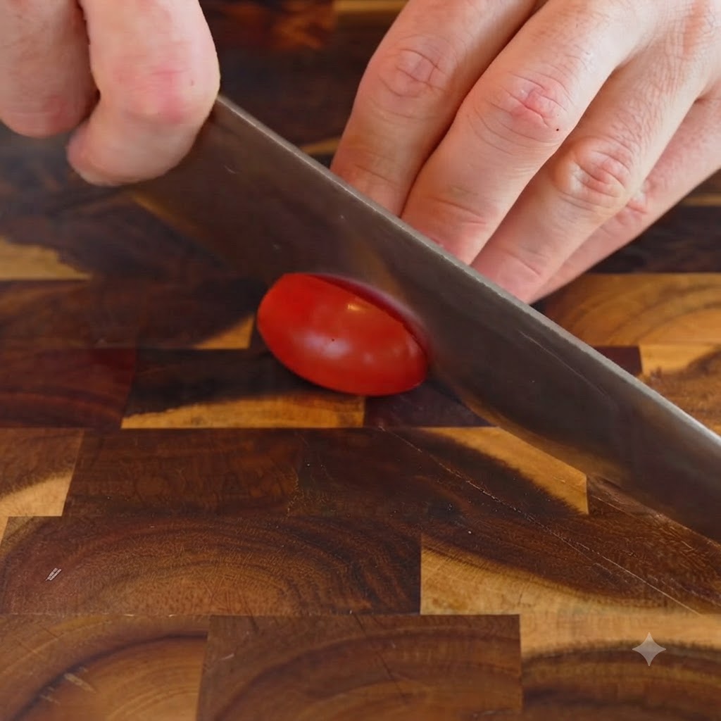 Ein scharfes Kochmesser schneidet eine rote Kirschtomate auf einem Holzschneidebrett in der Mitte durch.