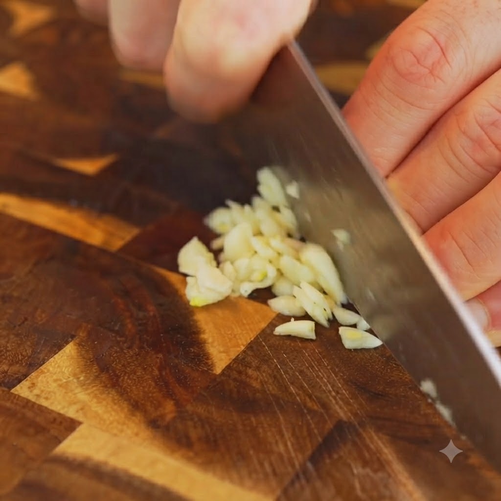 Ein Kochmesser zerkleinert geschälte Knoblauchzehen auf einem Holzbrett in kleine Stücke.