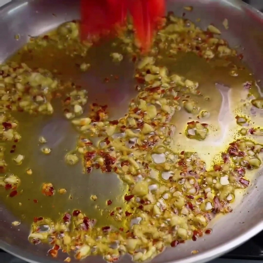 Halbierte Kirschtomaten werden in eine Bratpfanne mit Knoblauch und Öl gegeben.