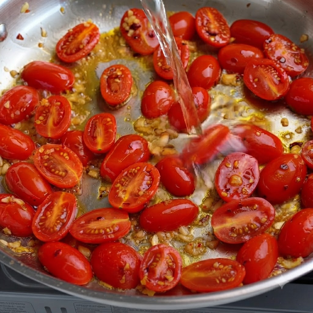 Weißwein wird in eine Pfanne mit Kirschtomaten und Knoblauch gegossen.