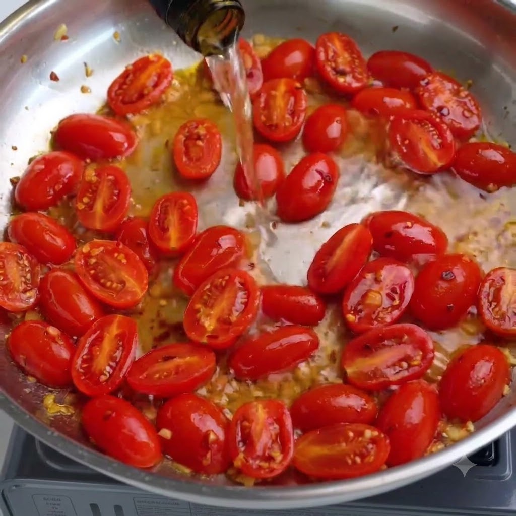 Salz und schwarzer Pfeffer fallen auf blubbernde Kirschtomaten in einer Bratpfanne.