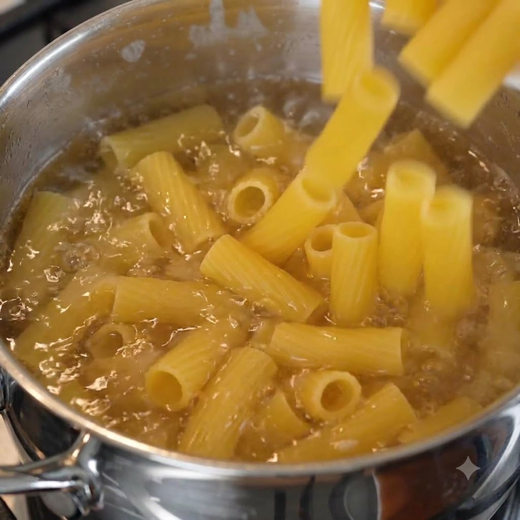 Rigatoni-Nudelstücke fallen in einen blubbernden Topf mit gesalzenem kochendem Wasser.