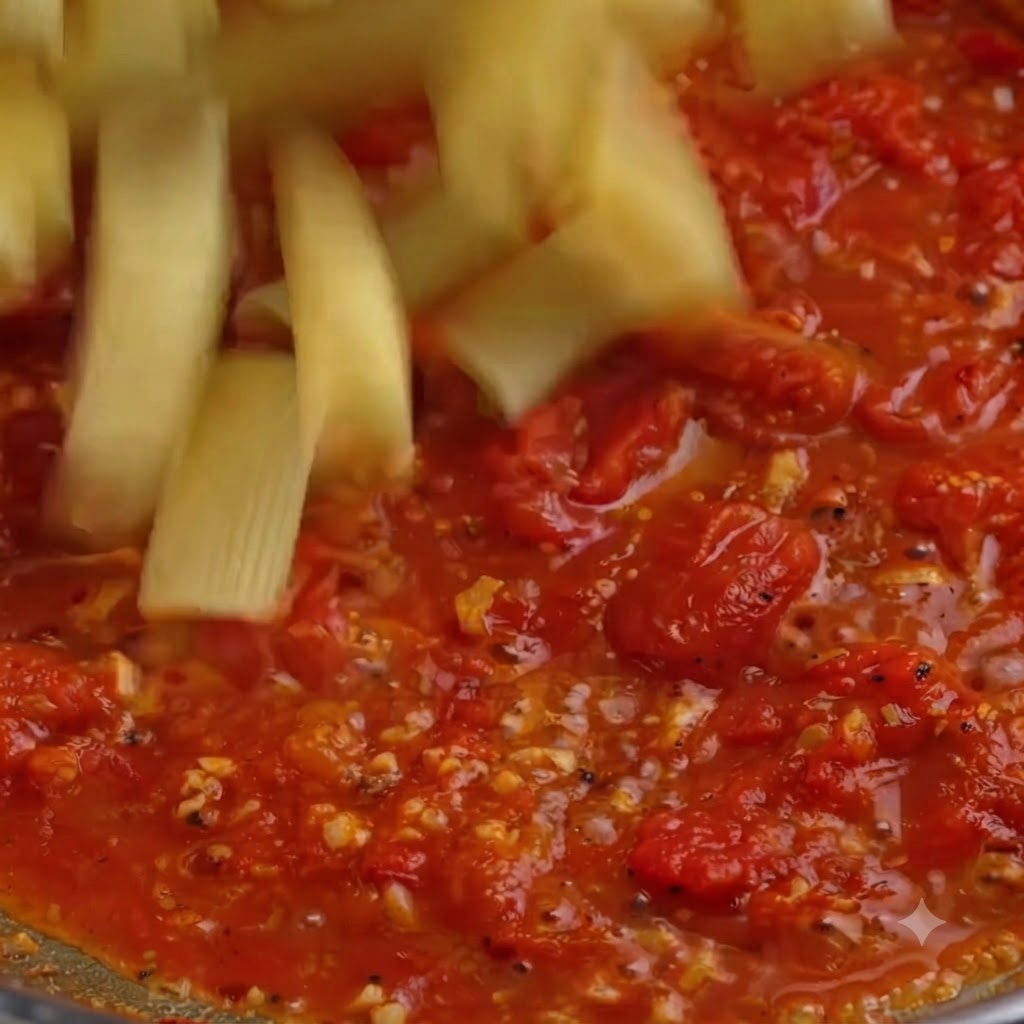 Gekochte Nudelröhrchen werden in eine Pfanne mit leuchtend roter Tomatensoße gegeben.