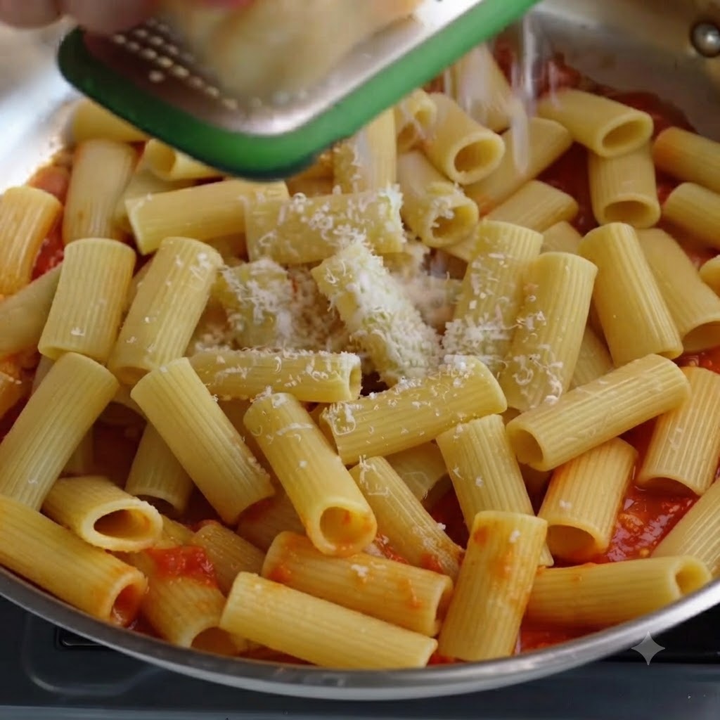 Eine Handreibe reibt Parmesan direkt über die Rigatoni-Nudeln in einer Kochpfanne.