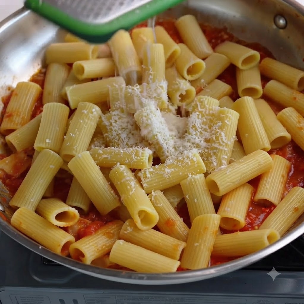 Wasser wird aus einem Behälter in eine Pfanne mit Nudeln und geriebenem Käse gegossen.
