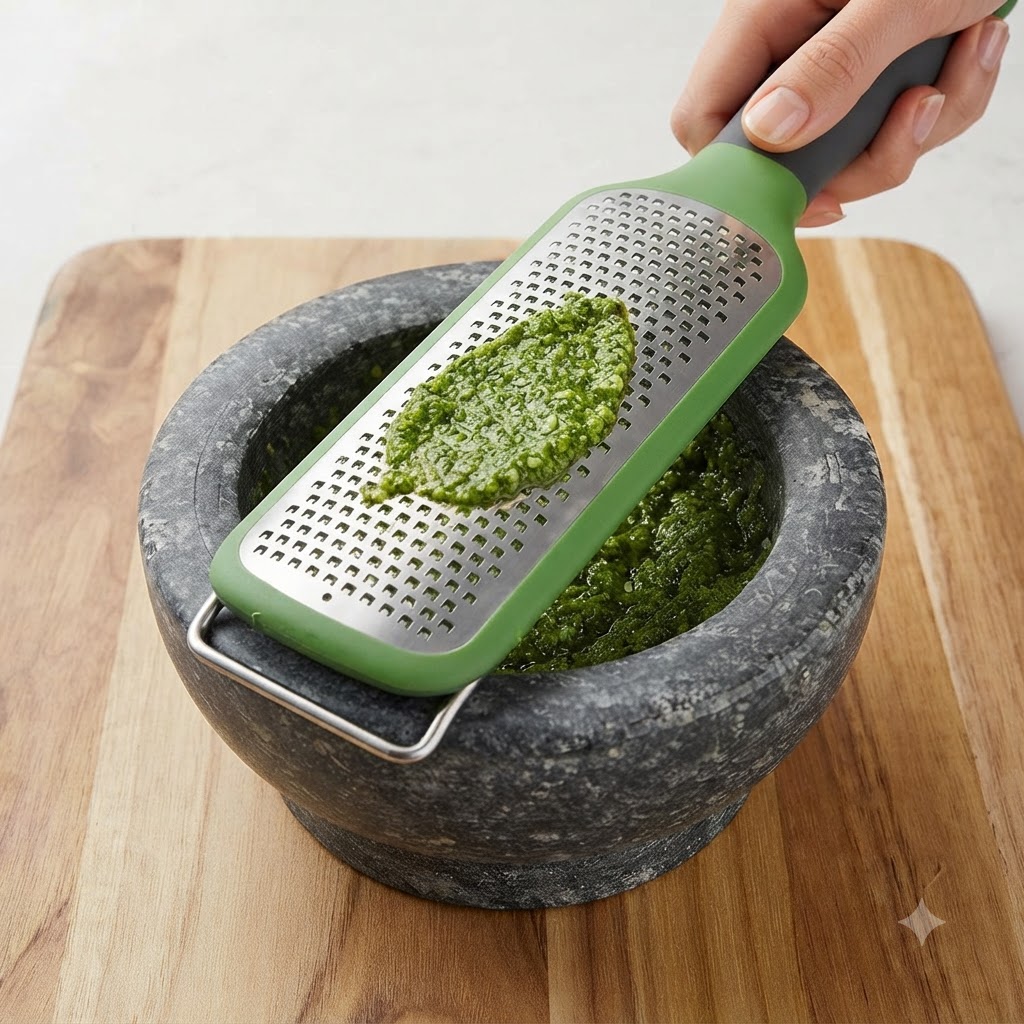 Parmesan wird mit einer grünen Reibe frisch über einen Steinmörser gerieben, der mit grünen Pesto-Zutaten gefüllt ist.