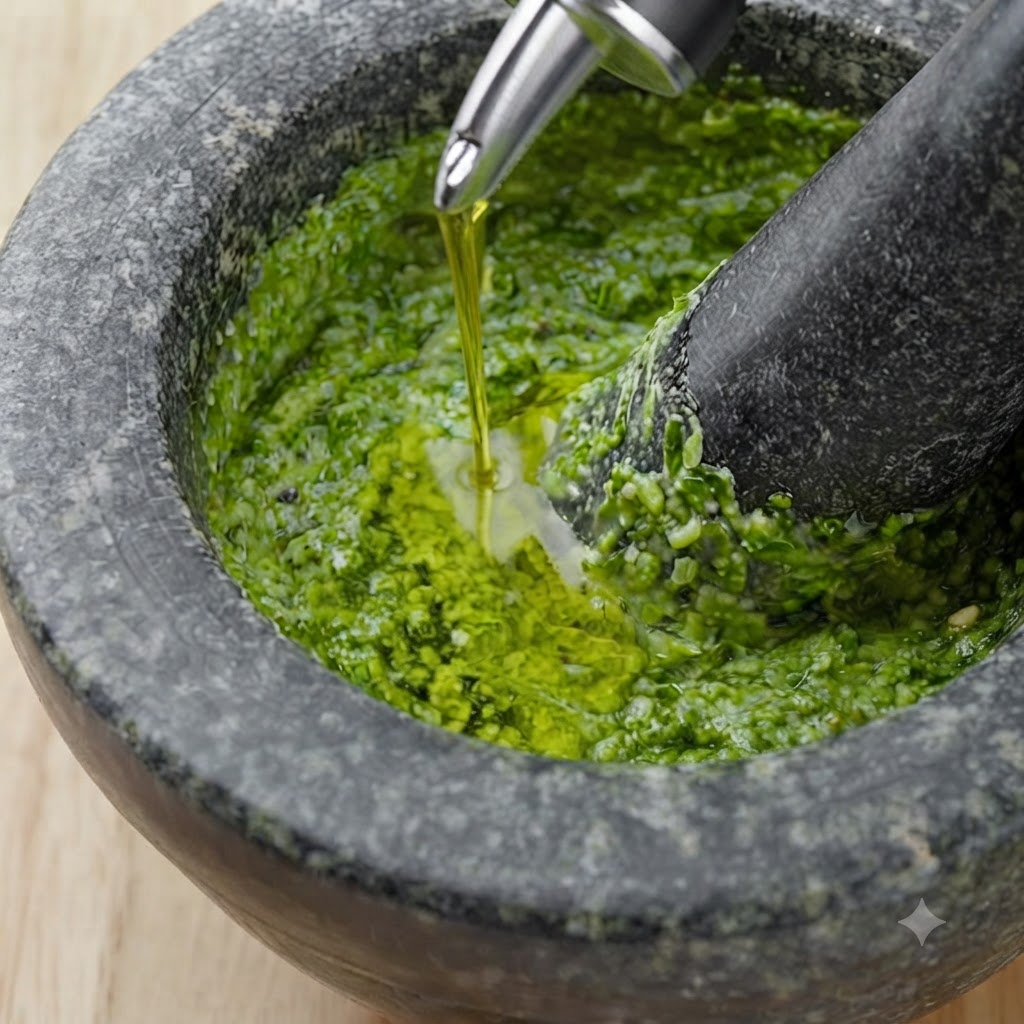 Ein Löffel frisches grünes Pesto wird in eine Pfanne mit gekochten Rigatoni-Nudeln gegeben, die mit Tomatensoße vermischt sind.