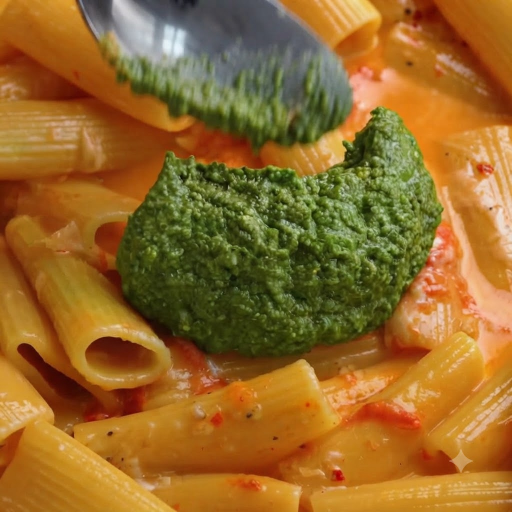 Rigatoni-Nudeln und grünes Pestosoße werden in einer großen Pfanne mit einem weißen Spatel vermischt.