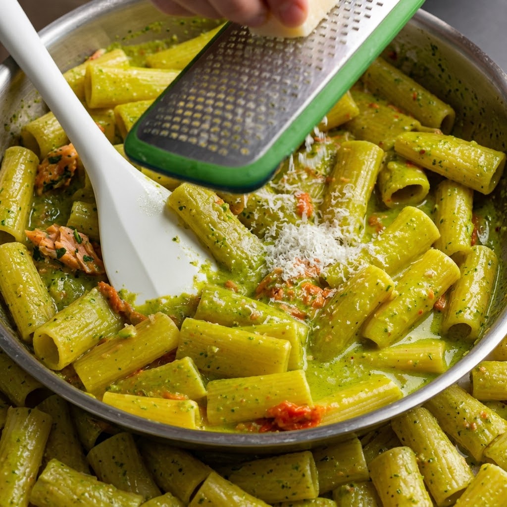 Frischer Parmesan wird von einem Block über eine Pfanne mit fertigen Pesto-Rigatoni-Nudeln gerieben.