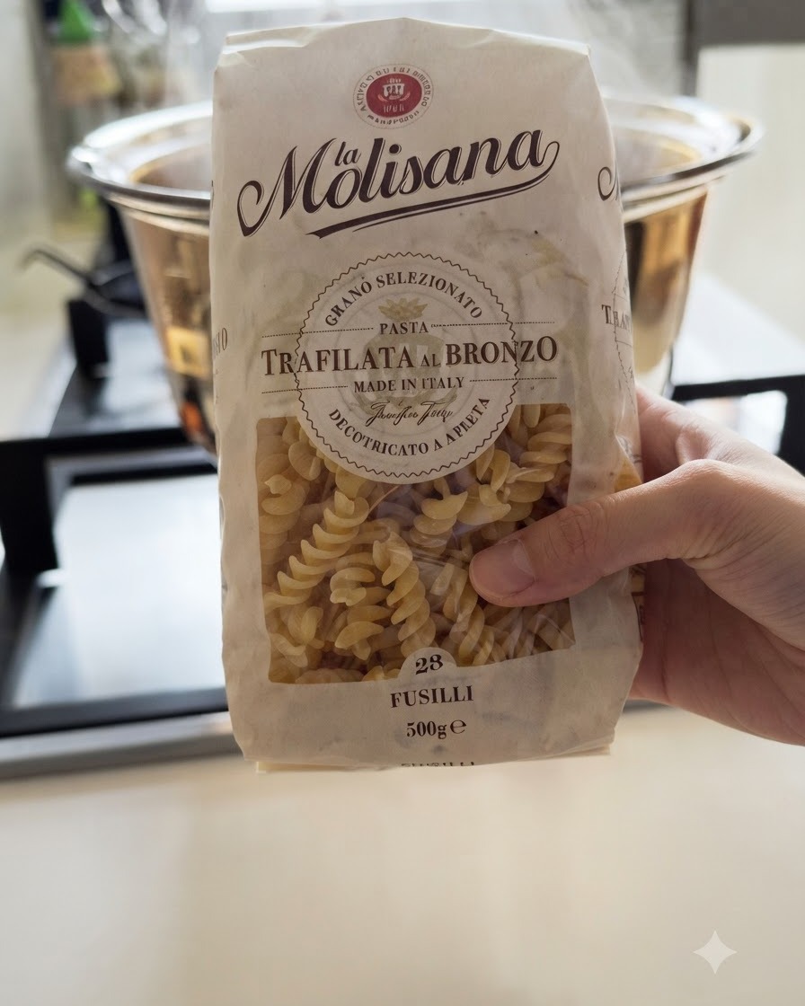 Trockene Fusilli Pastastränge werden in kochendes Wasser in einem Metalltopf gegeben.