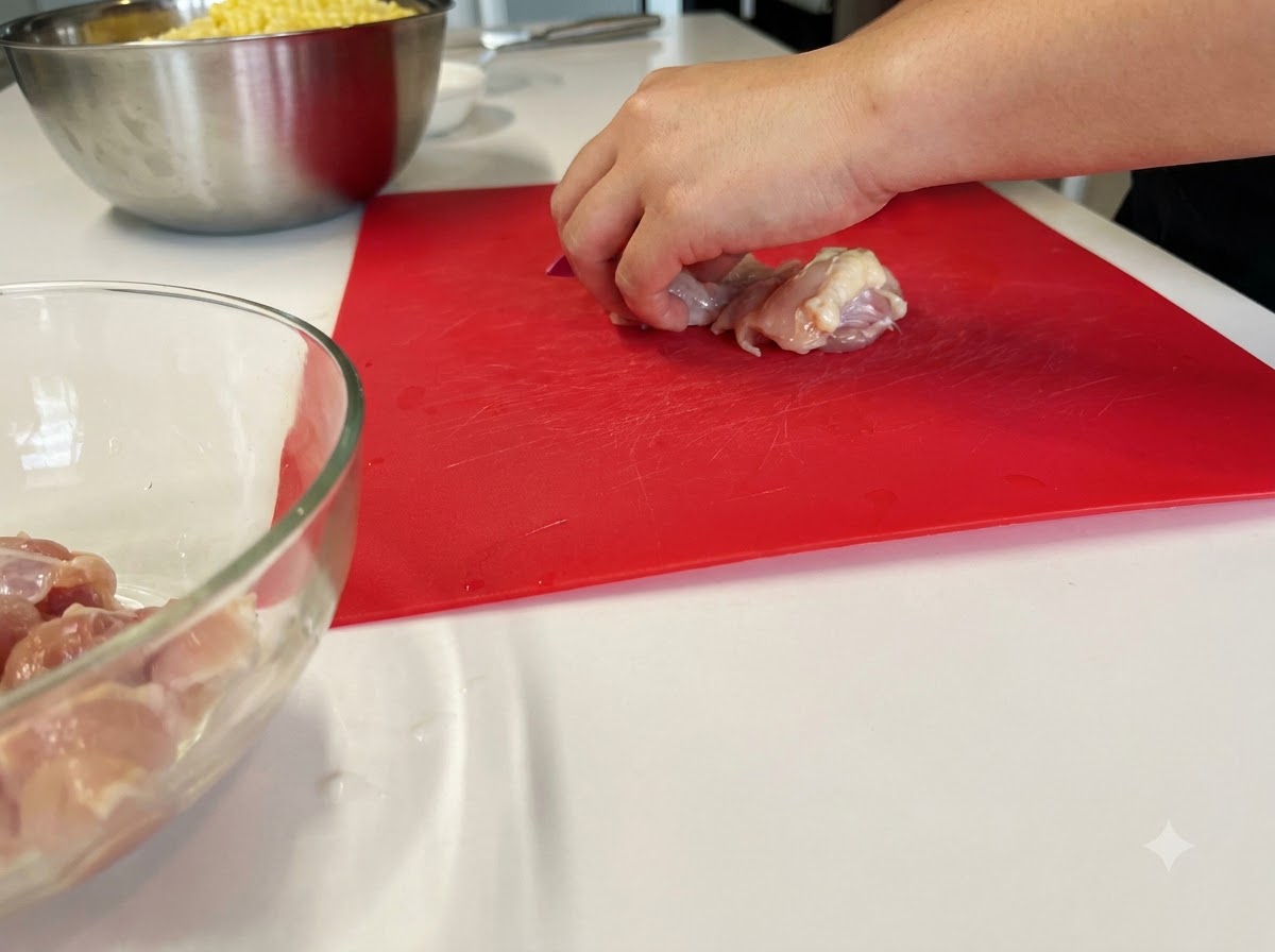 Rohes Hähnchenoberschenkel Fleisch wird auf einem roten Schneidebrett in mundgerechte Stücke geschnitten.