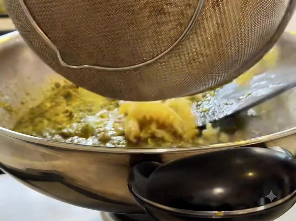 Abgekühlte Fusilli Pasta wird aus einem Draht-Seiher in den Kochwok geschüttet.