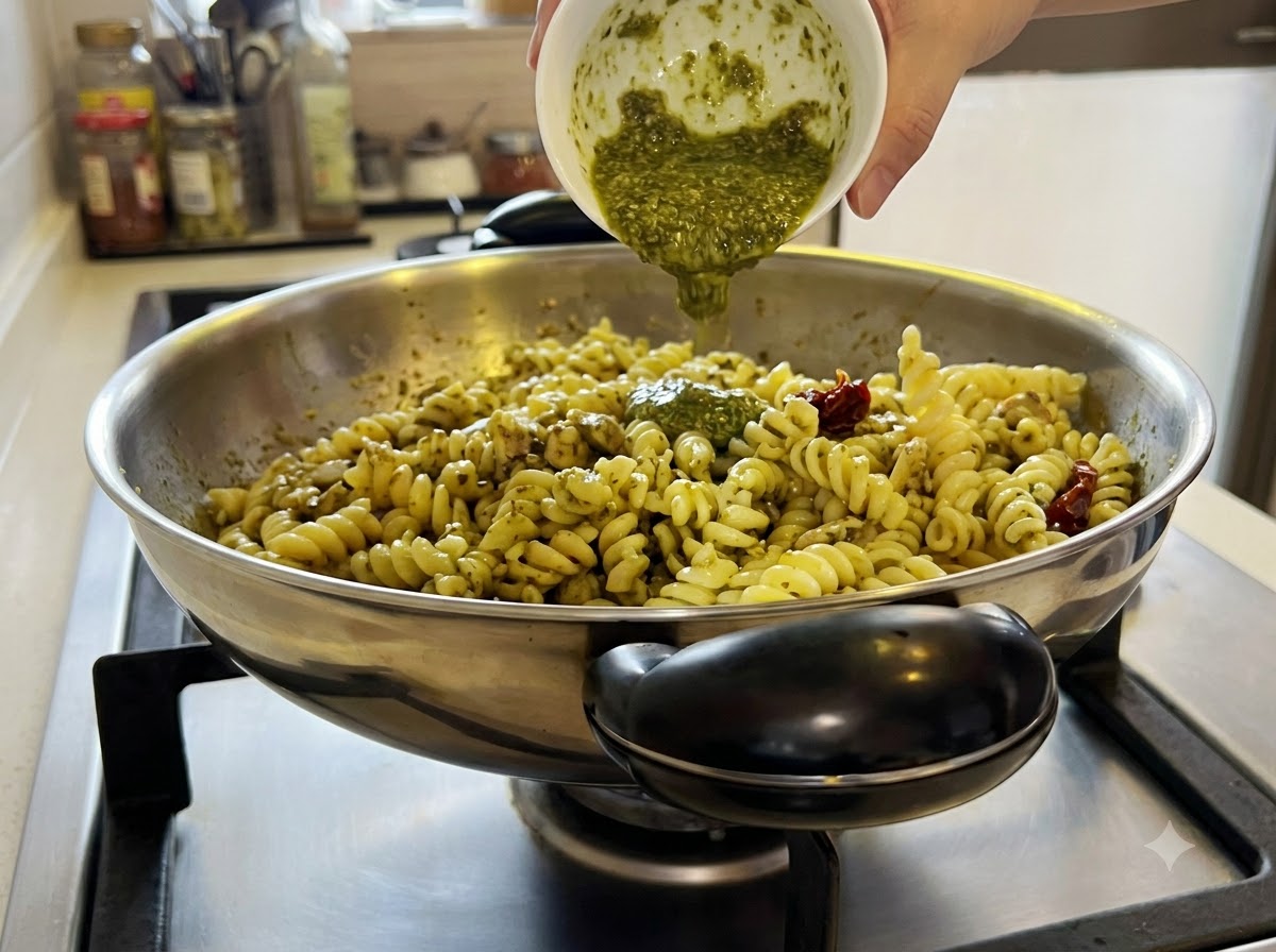 Sonnengetrocknete Tomaten werden in den Wok mit Pasta und grünem Pesto gerührt.