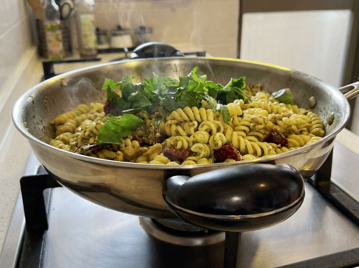 Frische grüne Basilikumblätter werden im Wok unter das warme Pastagericht gefaltet.
