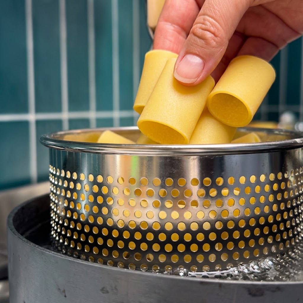 Große Paccheri-Pasta-Röhren werden in einen Metallsiebkorb in kochendem Wasser gegeben.