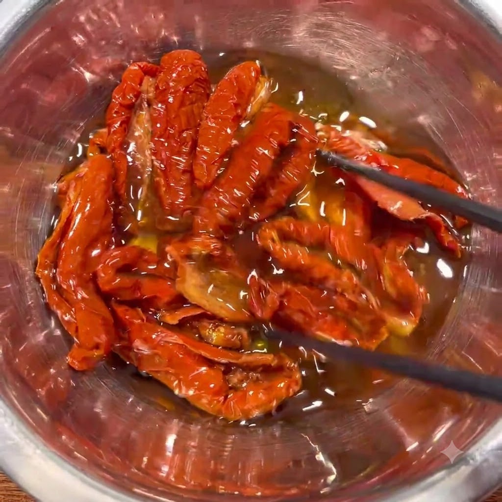 In Öl einweichende getrocknete Tomaten in einer Edelmhalschüssel, umgerührt mit schwarzen Essstäbchen.