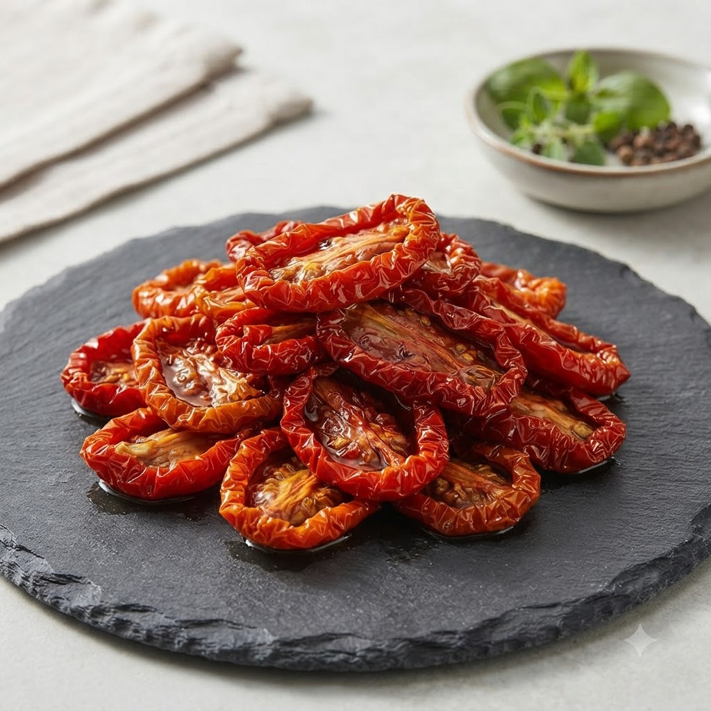 Ein Klecks getrocknete Tomatenpaste auf einem Löffel mit glatter und leuchtend roter Textur.
