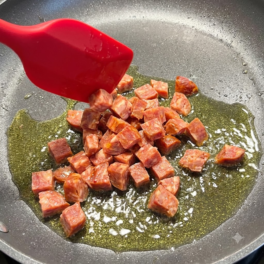 Würfel spanischer Chorizo werden in eine heiße Pfanne mit Olivenöl gegeben und mit einem roten Silikonspatel bewegt.