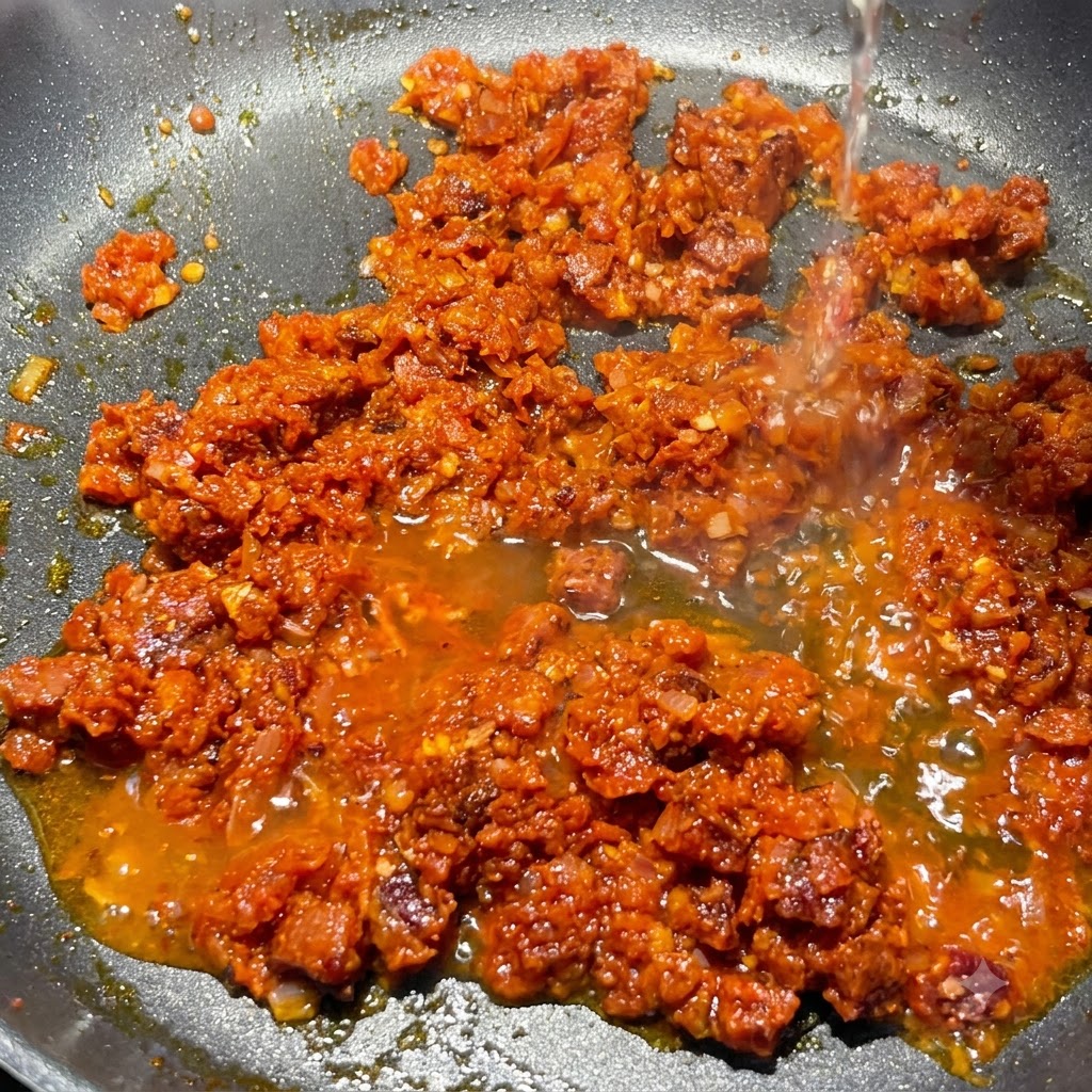 Weißwein wird von oben in die köchelnde Tomaten-Chorizo-Soße in der Pfanne gegossen.