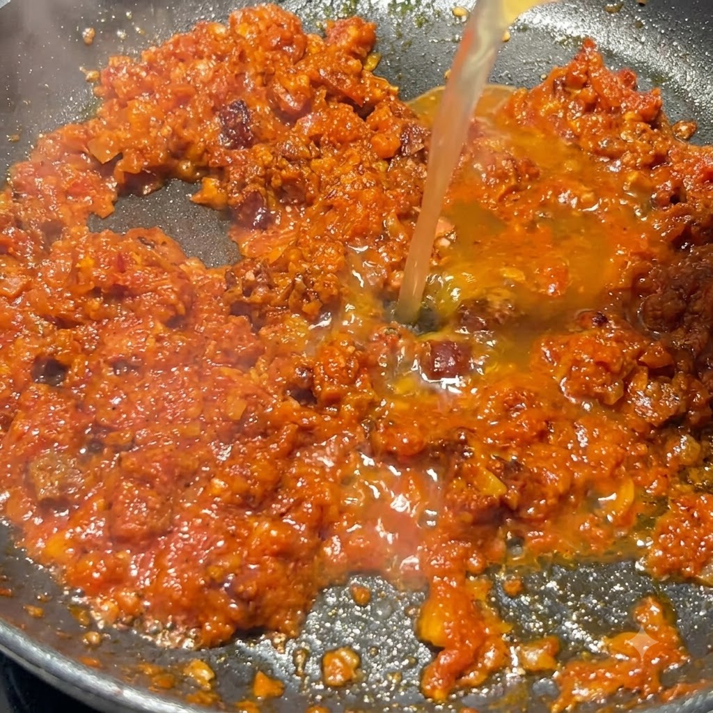 Hühnerbrühe wird in die Pfanne mit der köchelnden Tomaten-Chorizo-Soße gegossen.