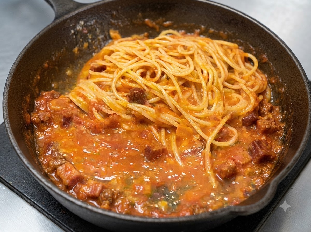 Spaghetti-Soße-Mischung in einer Gusseisenpfanne wird mit Salz und schwarzem Pfeffer gewürzt.