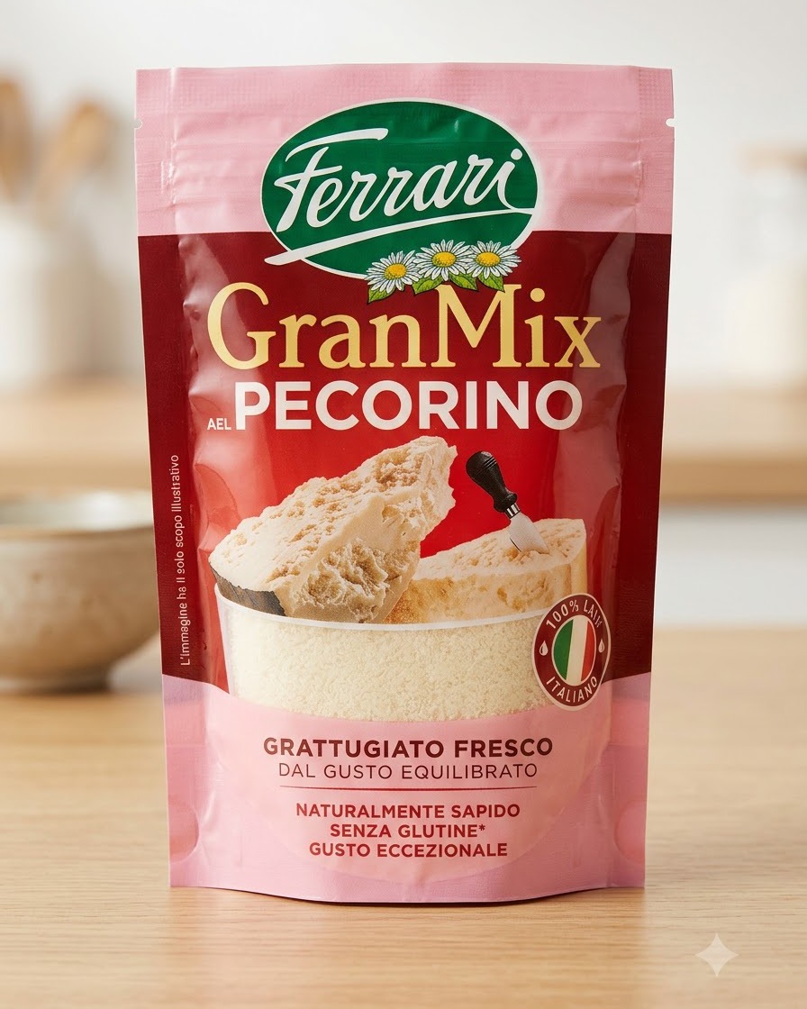 Eine rosa Verpackung von Ferrari GranMix Pecorino-Käse steht aufrecht auf einer Küchenarbeitsplatte aus Holz.