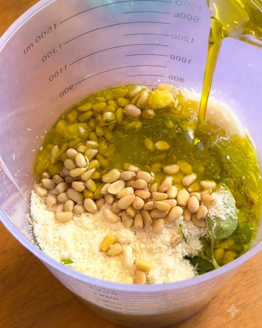 Natives Olivenöl extra wird in einen grossen Messbecher mit Pinienkernen, geriebenem Käse und Basilikumblättern gegossen.