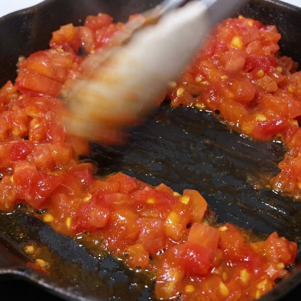 Fein gewürfelte Tomaten schmoren und erweichen in einer geölten Bratpfanne.