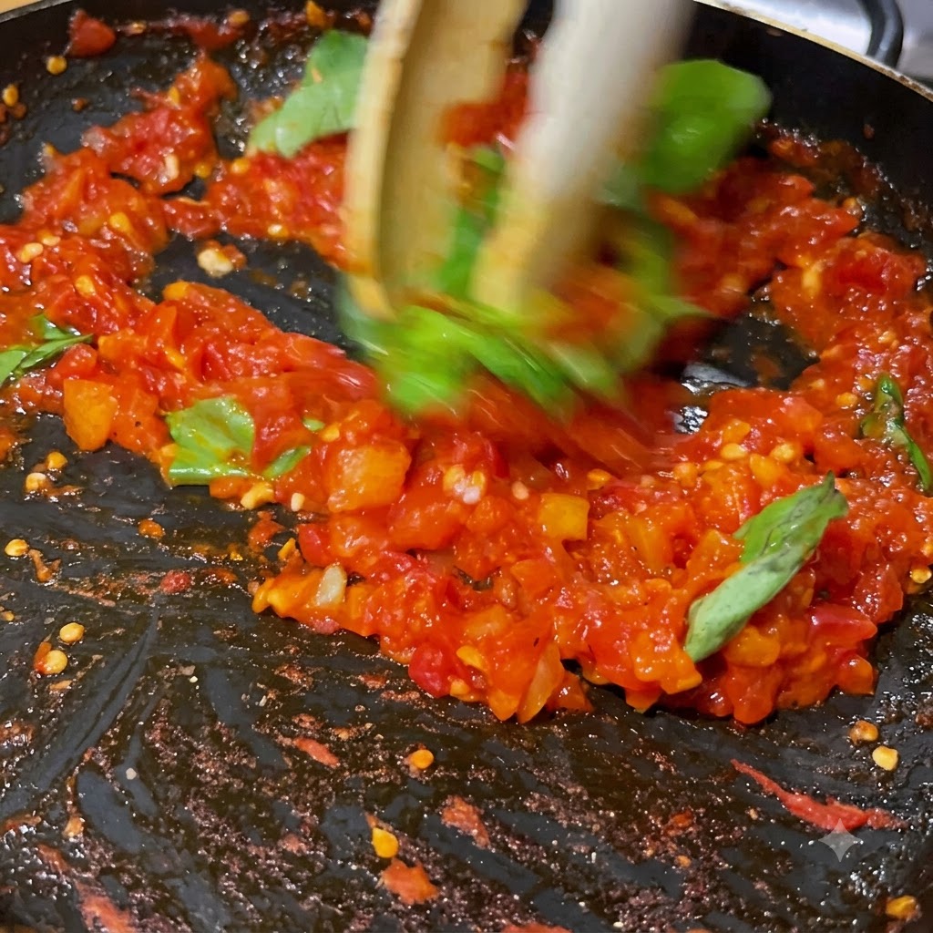 Frische Basilikumblätter werden in einer Pfanne vorsichtig in die leuchtend rote Tomatensoße eingerührt.