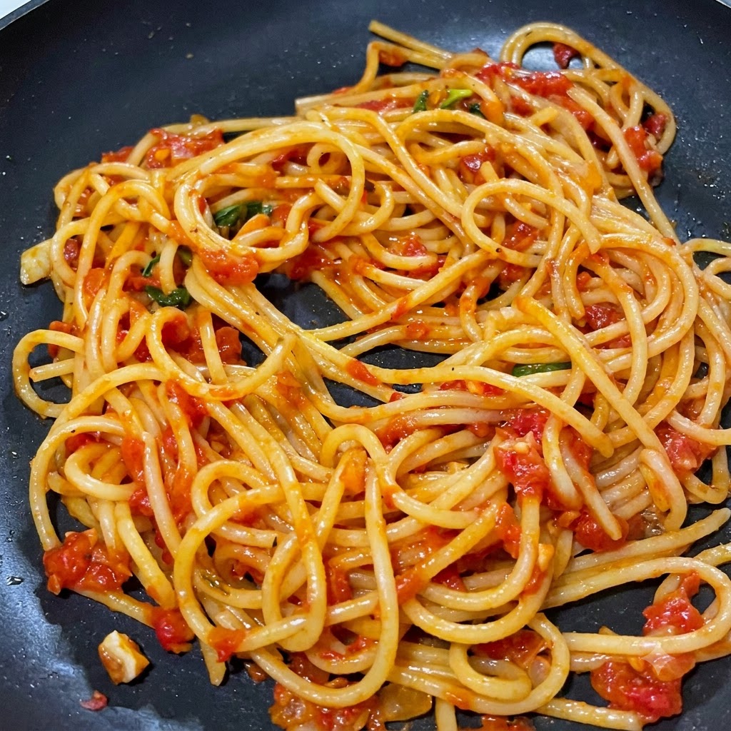 Gekochte Spaghettinudeln werden in einer Pfanne gründlich mit selbstgemachter Tomaten-Hackfleisch-Soße vermischt.