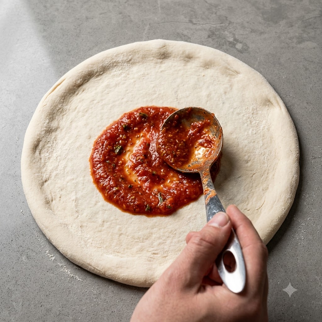 Eine Metalkelle verteilt rote Tomatensoße in einer spiralförmigen Bewegung auf dem rohen Pizzateig.