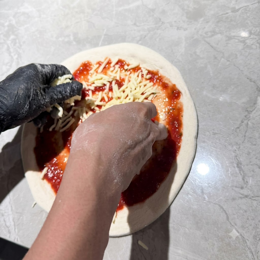 Mit Handschuhen versehene Hände streuen geriebenen Mozzarella-Käse über einen mit Tomaten bestrichenen Pizzaboden.