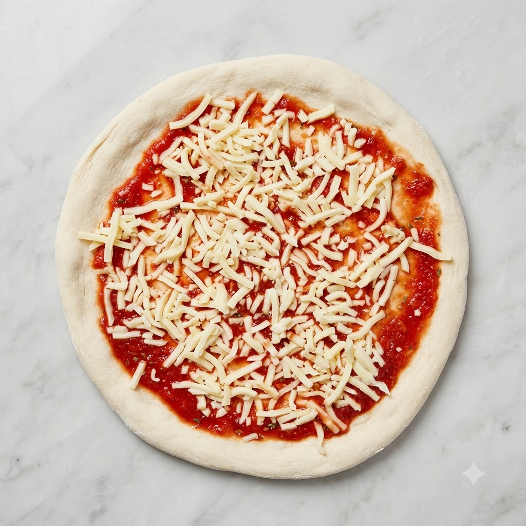 Ein vorbereiteter Pizzaboden, bedeckt mit Tomatensoße, Mozzarella-Käse und halbierten Kirschtomaten.
