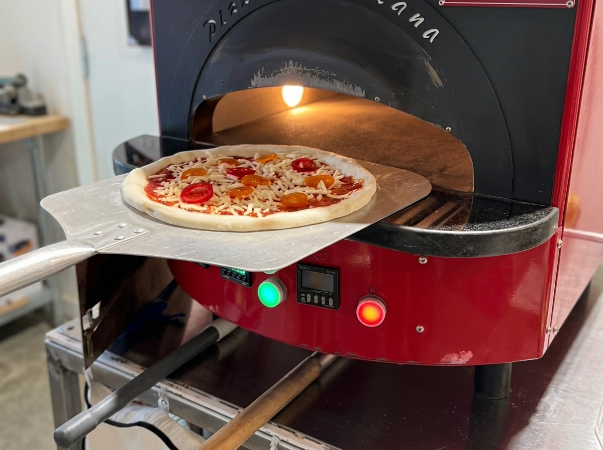 Eine Pizza wird mithilfe eines Schiebers in die offene Öffnung eines roten, kuppelförmigen Pizzaofens geschoben.