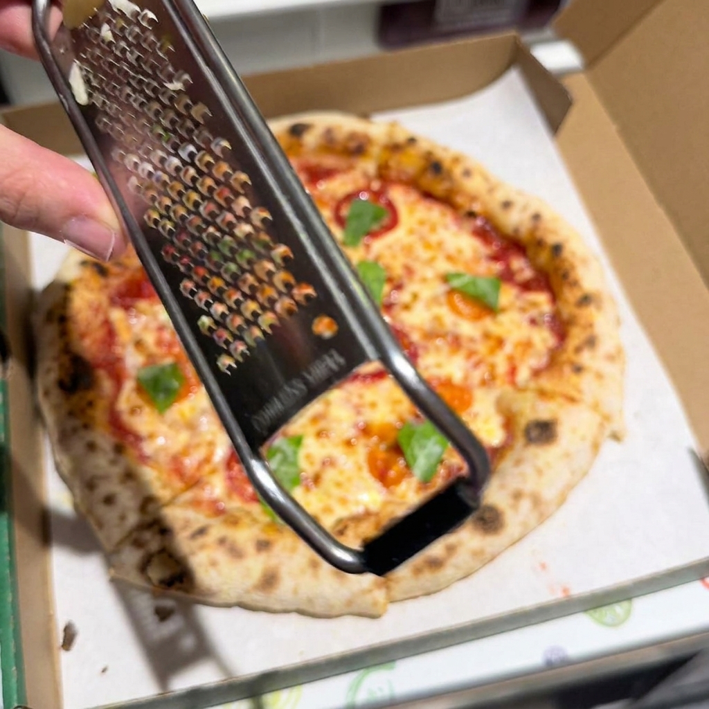 Eine Hand hält eine Metallreibe und reibt aktiv Parmigiano-Reggiano-Käse über eine gebackene Pizza in einem Karton.