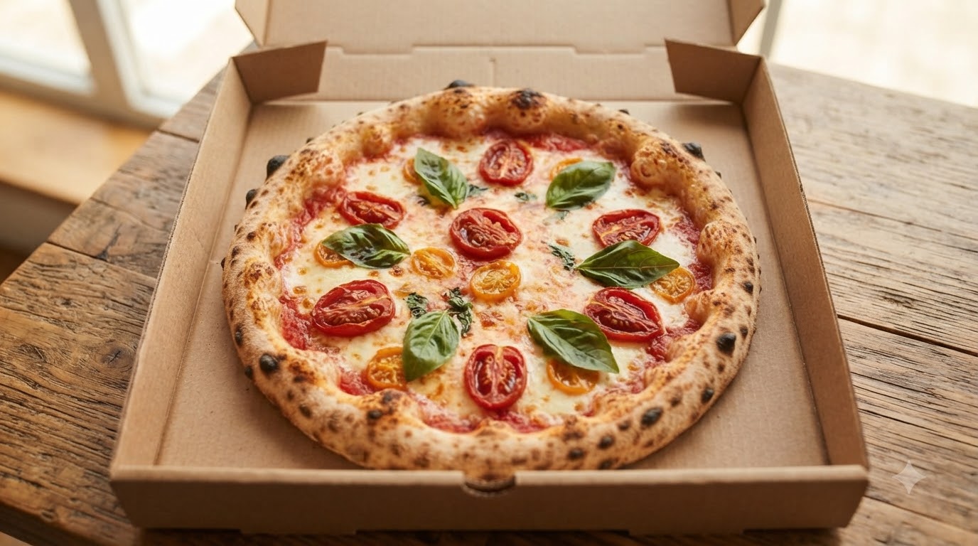 Eine frisch gebackene Pizza Margherita in einem weißen Pizzakarton aus Pappe, garniert mit geschmolzenem Mozzarella, halbierten Kirschtomaten und grünen Basilikumblättern.